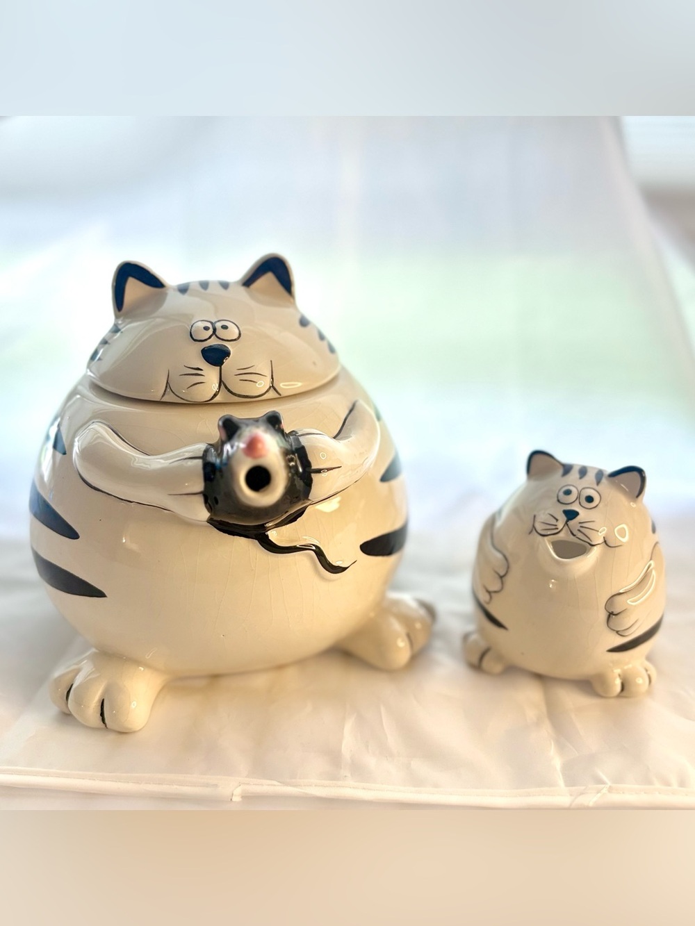 2pc Set Vintage Pier 1 Black White Cat Teapot & Creamer Mouse Fat Chubby Chester